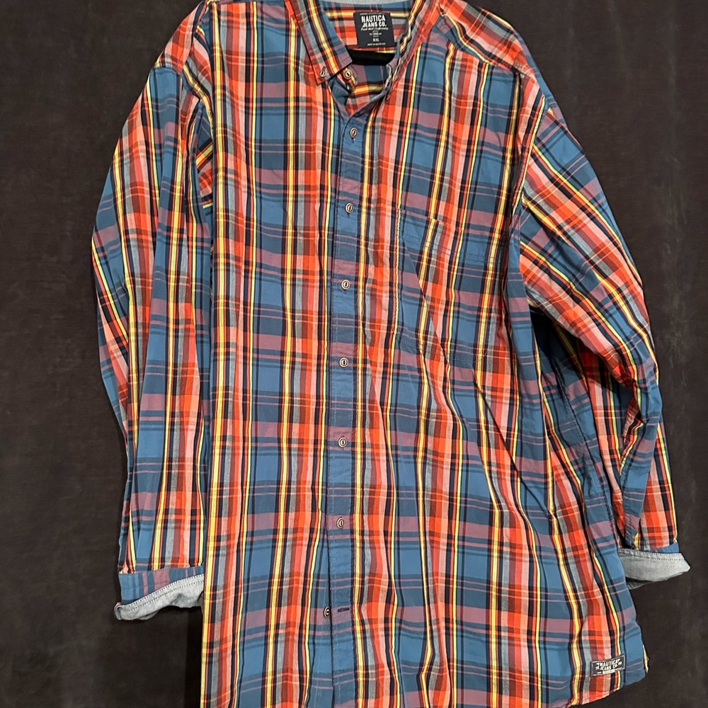 Men’s button down long sleeve shirt.